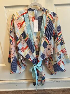 Urban Outfitters Multi-Color Patchwork Kimono Robe, Light Blue Tie. One size NWT